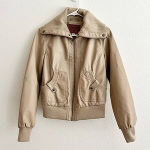 Miss London Y2K Vegan Faux Leather Tan Nude Moto Zip Jacket Size Large